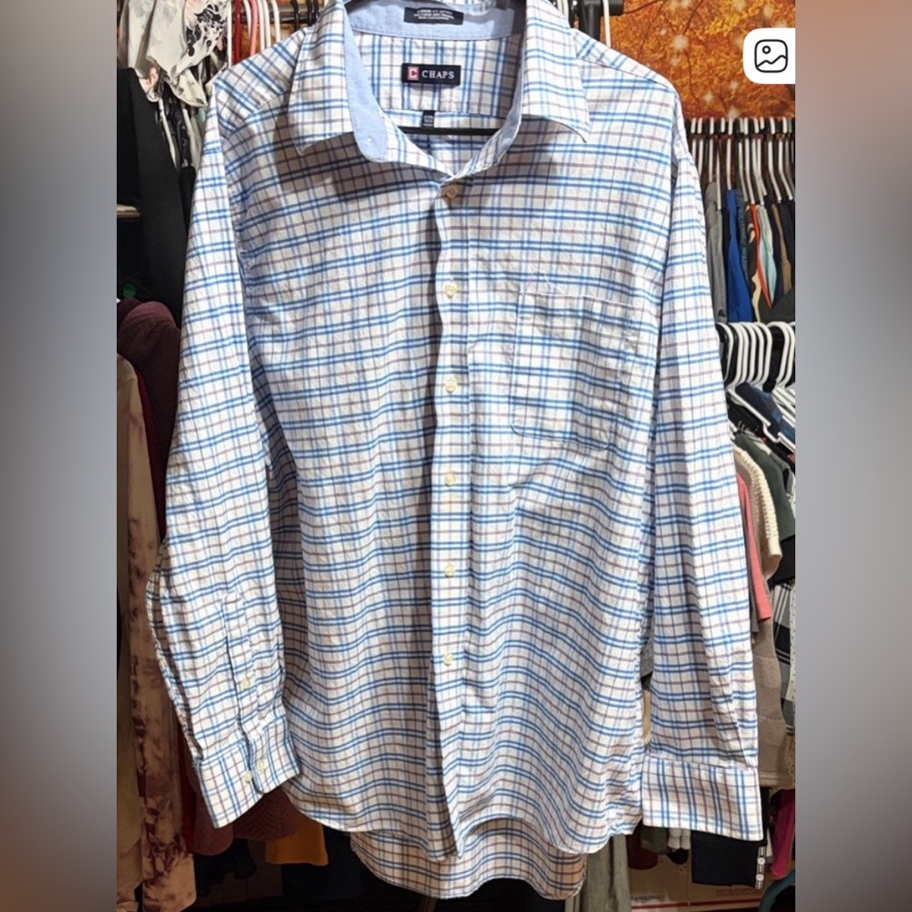 Chaps Men's Blue and White Checkered Shirt